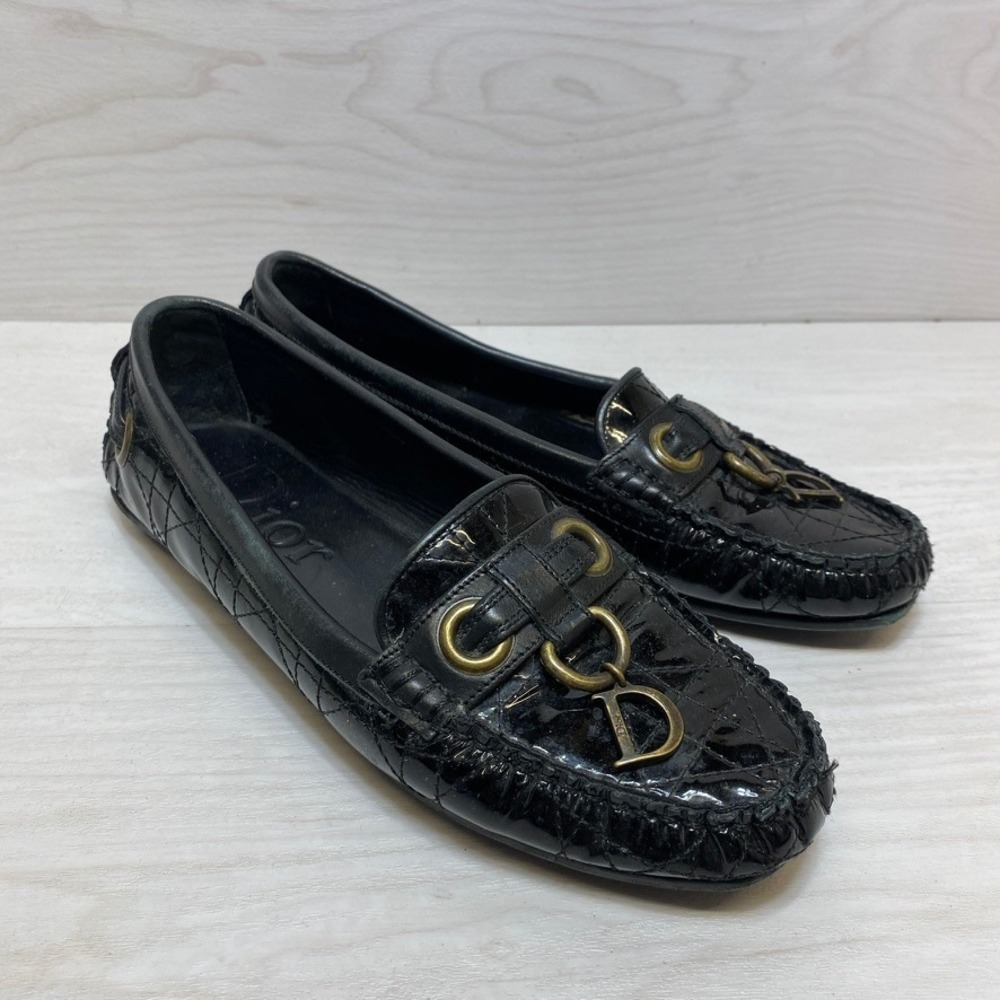 Christian Dior Black Quilted Patent Cannage Loafers D Charm Driving Shoes‎ 36.5